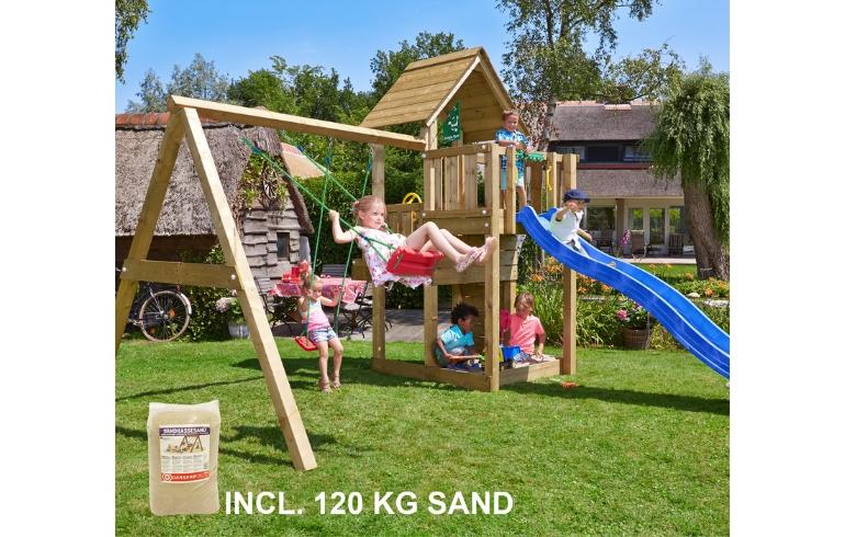 Legetårn Cubby, inkl. Swing modul, 120 kg sand, blå rutschebane