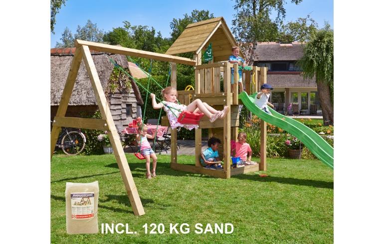 Legetårn Cubby, inkl. Swing modul, 120 kg sand, grøn rutschebane