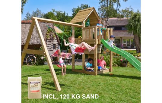 Legetårn Cubby, inkl. Swing modul, 120 kg sand, grøn rutschebane - 