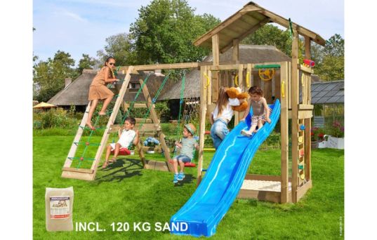 Legetårn Chalet 2.1, inkl. Climb modul, 120 kg sand, blå rutschebane - 