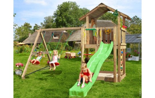 Legetårn Chalet 2.1, inkl. Swing modul, 120 kg sand, grøn rutschebane - 