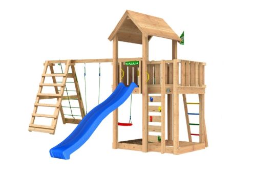 Legetårn Mansion 2.1, inkl. Climb modul, 120 kg sand, blå rutschebane - 