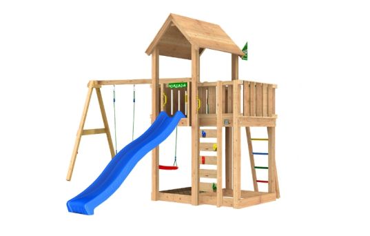 Legetårn Mansion 2.1, inkl. Swing modul, 120 kg sand, blå rutschebane - 