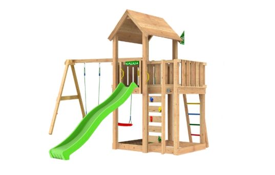 Legetårn Mansion 2.1, inkl. Swing modul, 120 kg sand, grøn rutschebane - 