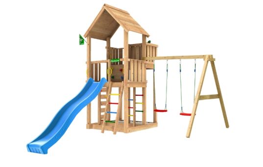 Legetårn Palace 2.1, inkl. 2-Swing Modul 220, 120 kg sand, blå rutschebane - 