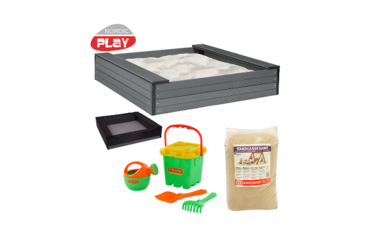 Sandkasse WPC, 120 x 120 cm inkl. net, 240 kg sand, grønt strandsæt - 