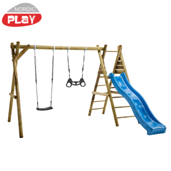 Gyngestativ, 1 sort gynge, 1 sort trapez, gyngebeslag, inkl. blå rutschebane - 