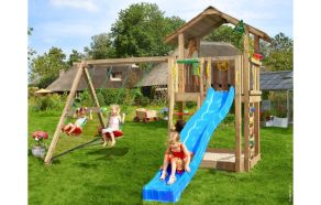 Leget&aring;rn Chalet 2.1, inkl. Swing modul, 120 kg sand, bl&aring; rutschebane